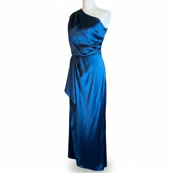 NWT XSCAPE One-Shoulder Satin Gown Ocean Blue Size 6 - Picture 6 of 16